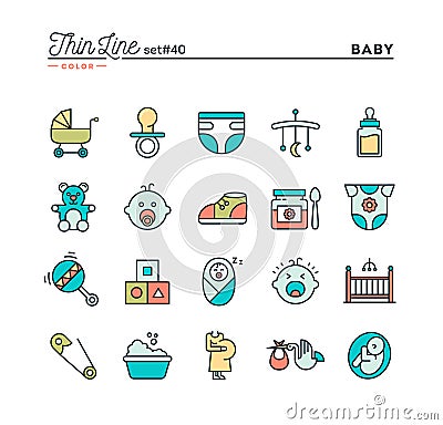 Baby, pregnancy, birth, toys and more, thin line color icons set Cartoon Illustration