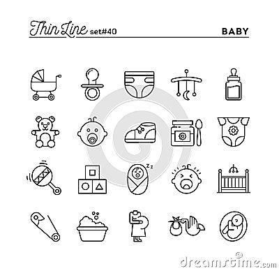 Baby, pregnancy, birth, toys and more, thin line icons set Cartoon Illustration