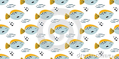 Baby print fish. Nautical baby pattern. Fun fish pattern Sea kids background. Nautical baby fabri textile. Vector Vector Illustration