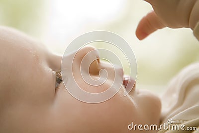 Baby profile checking out hand, soft focus Stock Photo