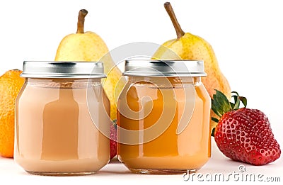 Baby puree and fruits Stock Photo