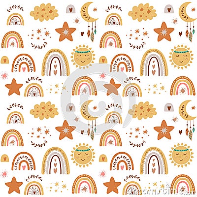 Baby rainbow pattern. Baby tribal pattern. Cute kids nursery seamless background. Cute cloud, boho moon, kids neutral Cartoon Illustration