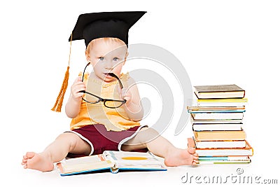 Baby Read Book in Graduation Hat and Glasses, Smart Child, White Stock Photo