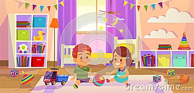 Baby room. Children play on the floor children toys, family lifestyle kid playroom, flat cartoon vector illustration Vector Illustration