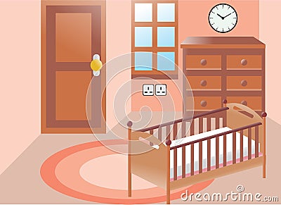 Baby room interior furniture of bed drawer cupboard floor mat and wall clock Vector Illustration