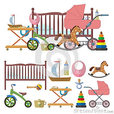 Baby room interior and vector set of toys for kids. Illustration in flat style. Isolated design elements, icons. Vector Illustration