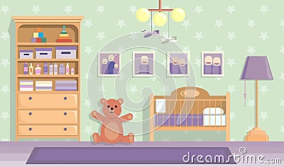 Baby room in lilac . Vector image in flat design style. Vector Illustration