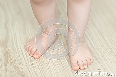 Baby`s feet, first step, close up Stock Photo
