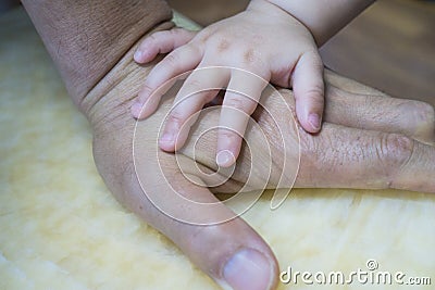 Baby`s hands on grandfather`s hand Stock Photo