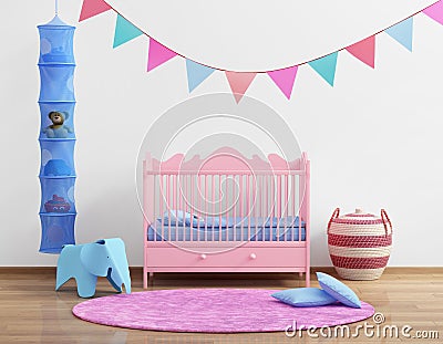 Baby's pink nursery room with flags and rug Stock Photo