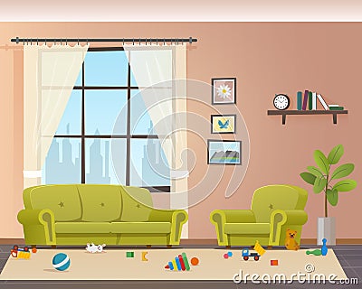 Baby Scattered Toys on Floor. Messy Living Room Vector Illustration