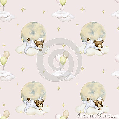 Baby seamless pattern on a beige background. Baby bear sleeping on a cloud. Boy. Watercolor background. Stock Photo