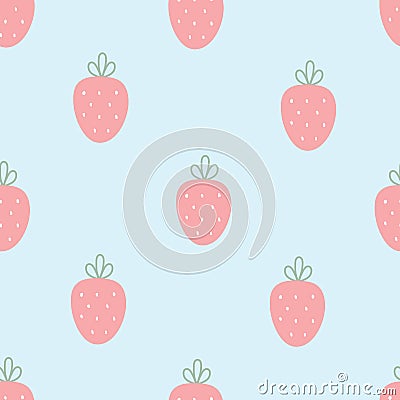 Baby seamless pattern pink strawberries on blue background Cute design, cartoon style. For children's clothing, wallpaper Vector Illustration