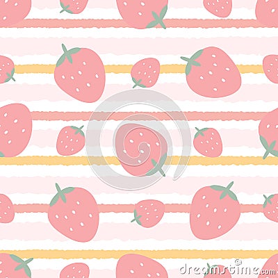 Baby seamless pattern pink strawberries on striped background Cute design, cartoon style. For children's clothing, wallpaper Vector Illustration
