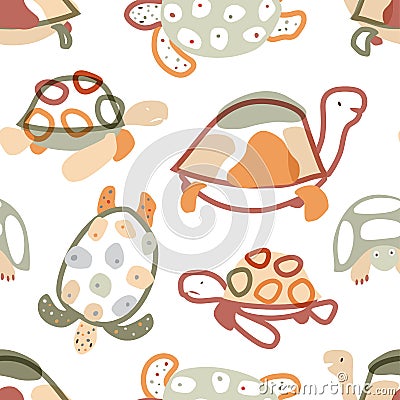 Baby seamless pattern with turtles in scandinavian style. Vector Vector Illustration