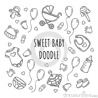 Hand drawn set of baby elements icons in doodle sketch style. Vector Illustration