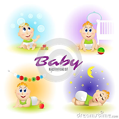 Baby set illustrations. Set of funny babies. Day and night. Cartoon Vector illustrations. Vector Illustration