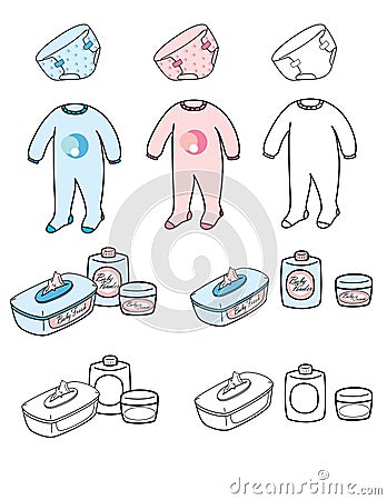 Baby set - nappy, playsuit & toilet stuff Vector Illustration