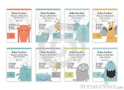 Baby Shampoo package label designs with cute monsters. vector illustration Vector Illustration