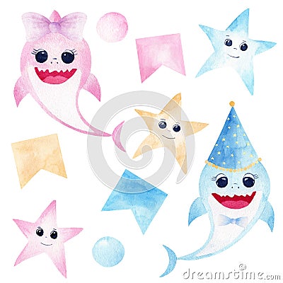 Baby shark watercolor clipart. Pink and blue smiling sharks, colorful starfishes and party decorations. Stock Photo