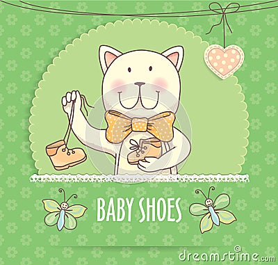 Baby shoes banner with cat Vector Illustration