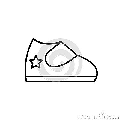 Baby shoes with a star outline vector icon. EPS 10. Little newborn boots symbol. Children sneakers.. Kids shoe on white. Vector Illustration
