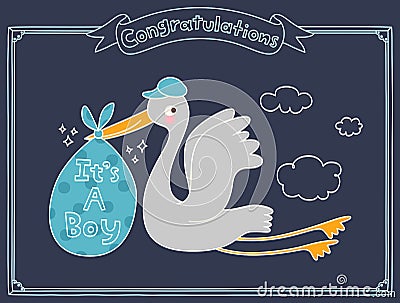 It`s A Boy Stork Special Delivery. Baby Shower Announcement Card. Vector Illustration Vector Illustration