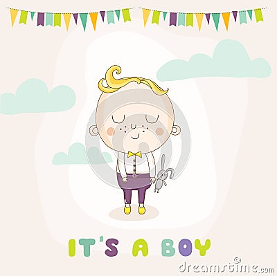 Baby Shower or Arrival Card - Baby Boy with a Bunny Vector Illustration