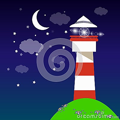 Baby Shower or Arrival Card. night lighthouse Vector Illustration