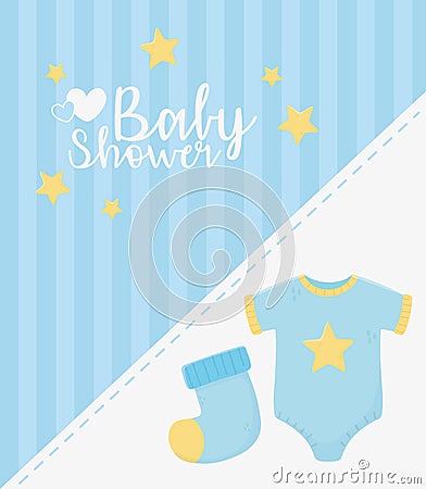 Baby shower, blue bodysuit and sock stars celebration card Vector Illustration