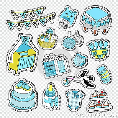 Baby Shower Boy Decoration Elements. Child Birth Decoration Stickers Elements Vector Illustration