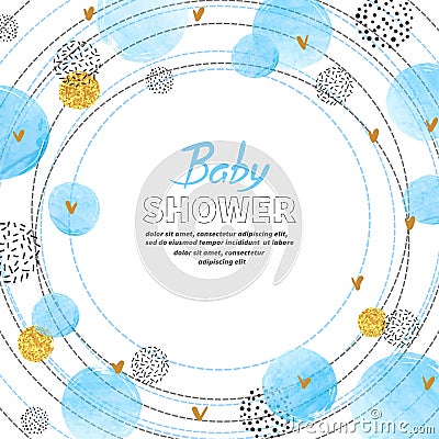 Baby Shower Boy invitation card design with watercolor blue circles. Vector Illustration