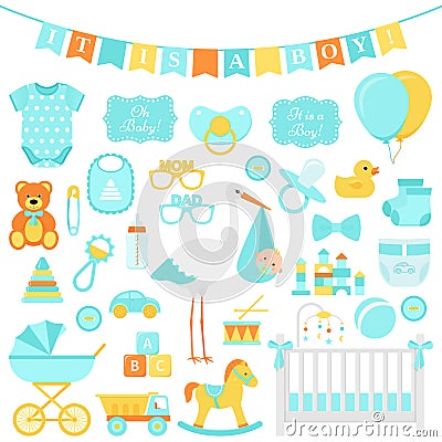 Baby Shower boy set. Vector illustration. Blue elements for part Vector Illustration