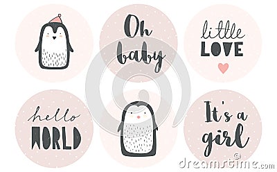 Baby Shower Candy Bar Vector Tag Set. It`s a Girl. 6 Cute Circle Shape Tags. Vector Illustration