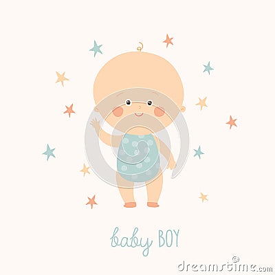 Baby shower card for baby boy. Cute baby boy standing. Blond toddler boy. Cartoon vector hand drawn eps 10 illustration Vector Illustration