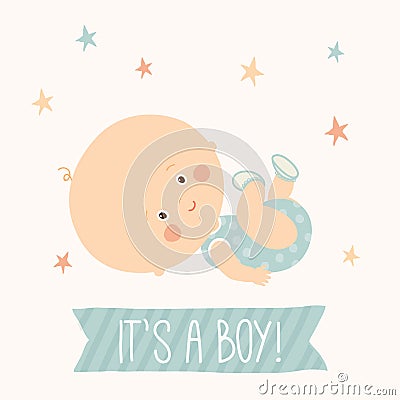 Baby shower card for baby boy. Cute baby lying down. Toddler boy lying on back. Vector Illustration
