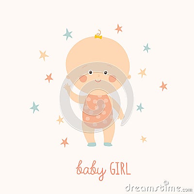 Baby shower card for baby girl. Cute baby girl standing. Blond toddler girl. Cartoon vector hand drawn eps 10 Vector Illustration