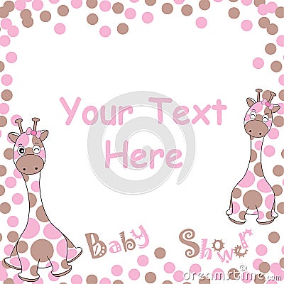 Baby shower card with cute baby giraffe on pink ball frame Vector Illustration