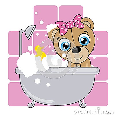 Baby shower card. Cute cartoon bear in the bathroom Vector Illustration