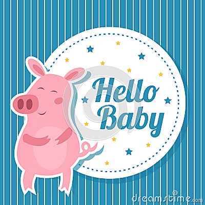 Baby shower card with cute pig Vector Illustration