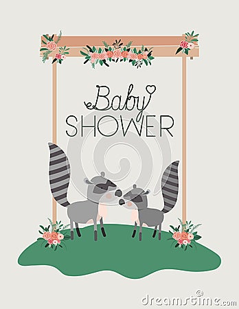 Baby shower card with cute raccoons couple Vector Illustration