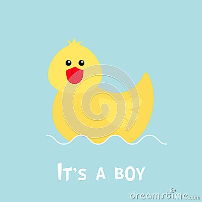 Baby shower card with funny yellow duck bird toy. Its a boy. Cute cartoon character. Sea ocean wave. Blue background. Flat design. Vector Illustration