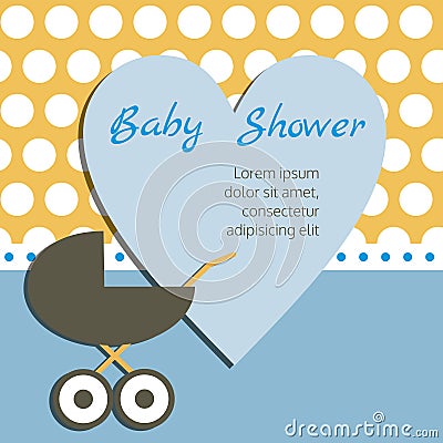 Baby Shower Card. Heart with Invitation and Pram on the Polka Do Vector Illustration