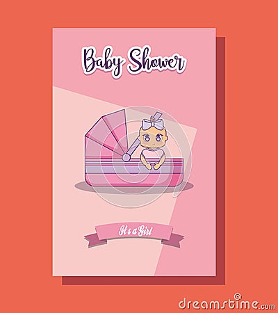 Baby shower card with little girl with basket Vector Illustration