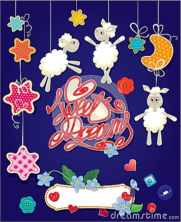 Baby shower card with stars, moon, sheep and hearts. Vector Illustration