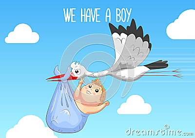 Baby shower card. Stork carrying a cute baby in a bag. We have two boys. Vector Illustration