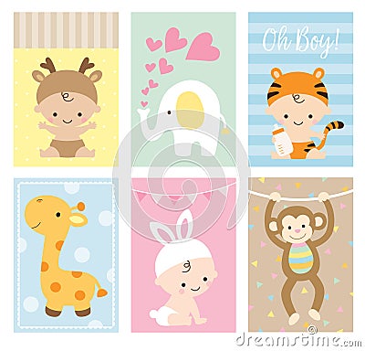 Baby Shower Cards Animal Theme Set Vector Illustration