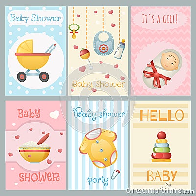 Baby shower cards boy girl birthday celebrate invitation set vector illustration Vector Illustration
