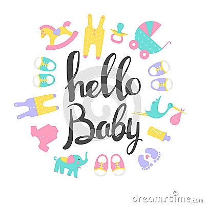 Baby shower cards. Hello baby. Vector Illustration