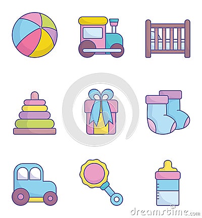 Baby shower clothes toys accessories icons collection Vector Illustration